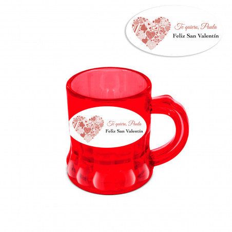 Jarra de shot vermelha com alça com adesivo oval personalizado com adesivo de bodas ou Dia dos Namorados