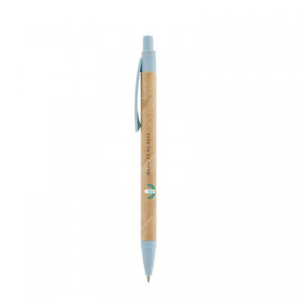Caneta de fibra de trigo azul com adesivo transparente para detalhes de convidados