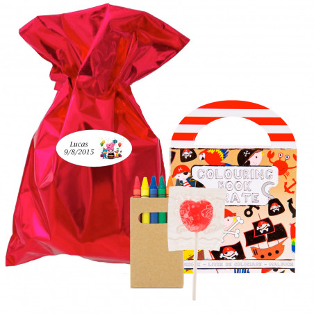 Livro de colorir com giz de cera e pirulito em bolsa vermelha metálica personalizável para detalhes