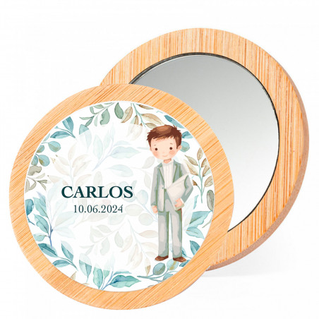 Espelho de bambu personalizável para lembrancinha primeira comunhão menino