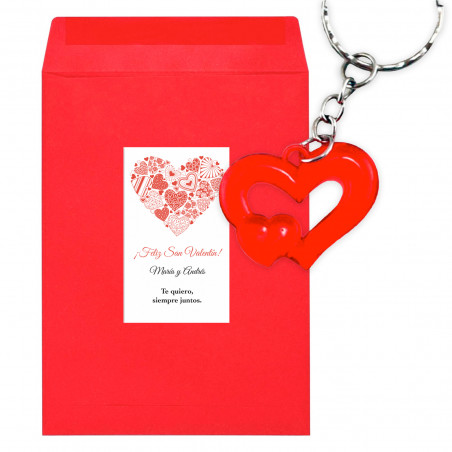 Chaveiro coração em envelope kraft vermelho com adesivo romântico personalizável