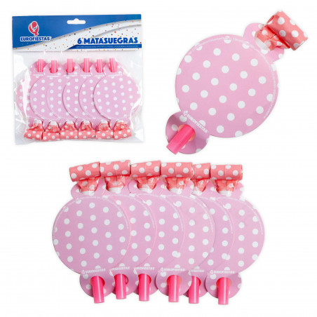 Matasuegras rosa com bolinhas brancas 6 unidades para festas