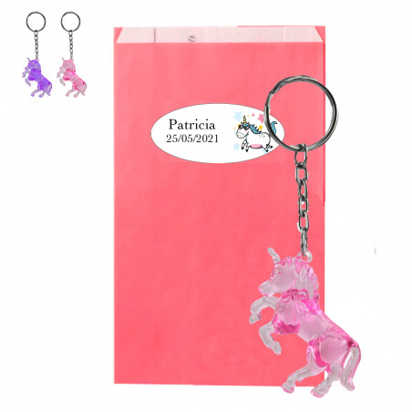 Chaveiro de unicórnio em caixa fúcsia com adesivo personalizável correspondente para presente de criança