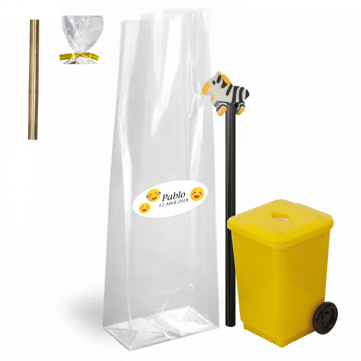 Afiador de container eco com lápis com borracha de zebra em bolsa personalizada com fechamento de tira para eventos