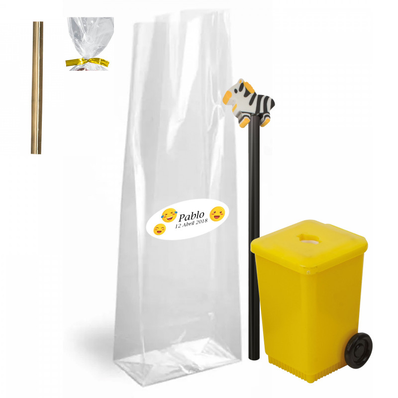 Afiador de container eco com lápis com borracha de zebra em bolsa personalizada com fechamento de tira para eventos