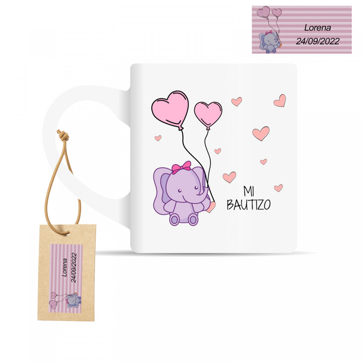 Caneca com motivo de elefante rosa e etiqueta personalizada para batizado de bebê