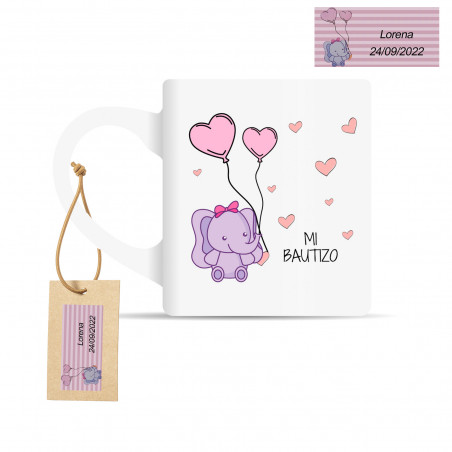 Caneca com motivo de elefante rosa e etiqueta personalizada para batizado de bebê