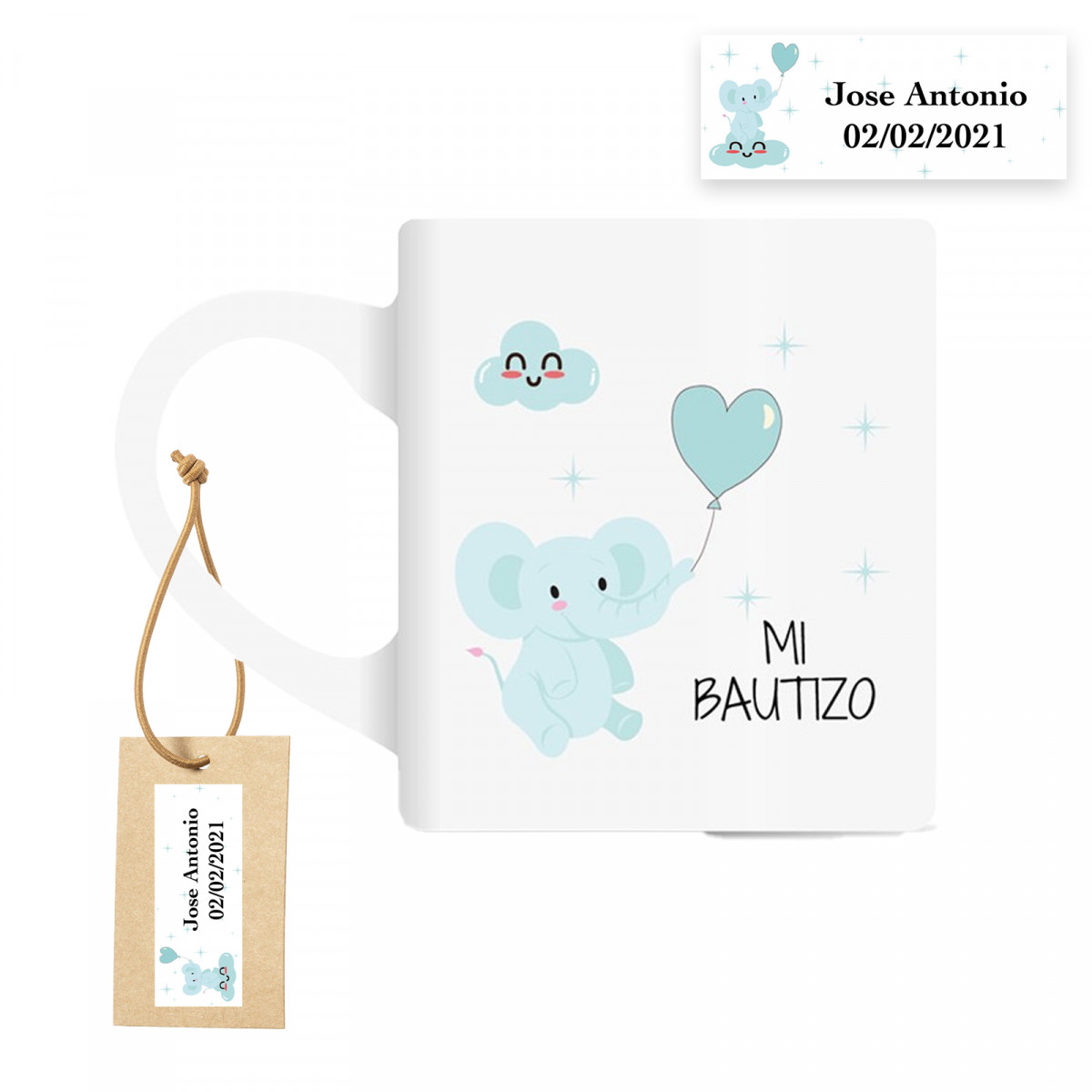 Caneca de cerâmica com motivo de elefante azul e etiqueta personalizada para batizado de bebê