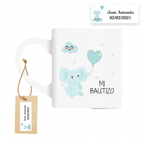 Caneca de cerâmica com motivo de elefante azul e etiqueta personalizada para batizado de bebê