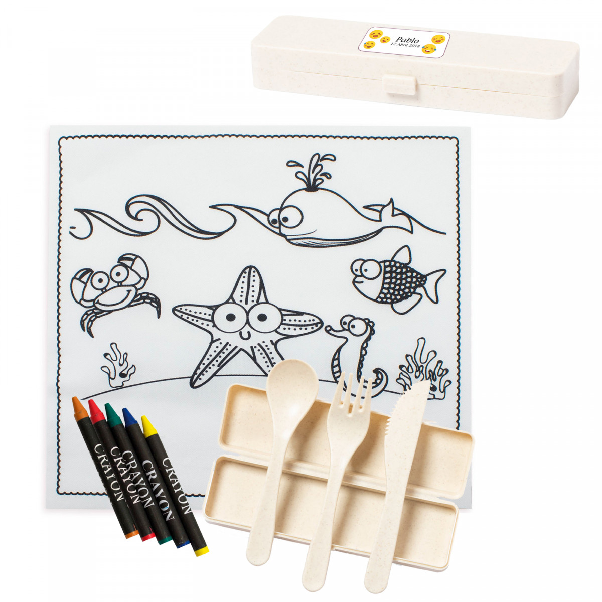 Toalha para colorir e talheres reutilizáveis personalizados para crianças