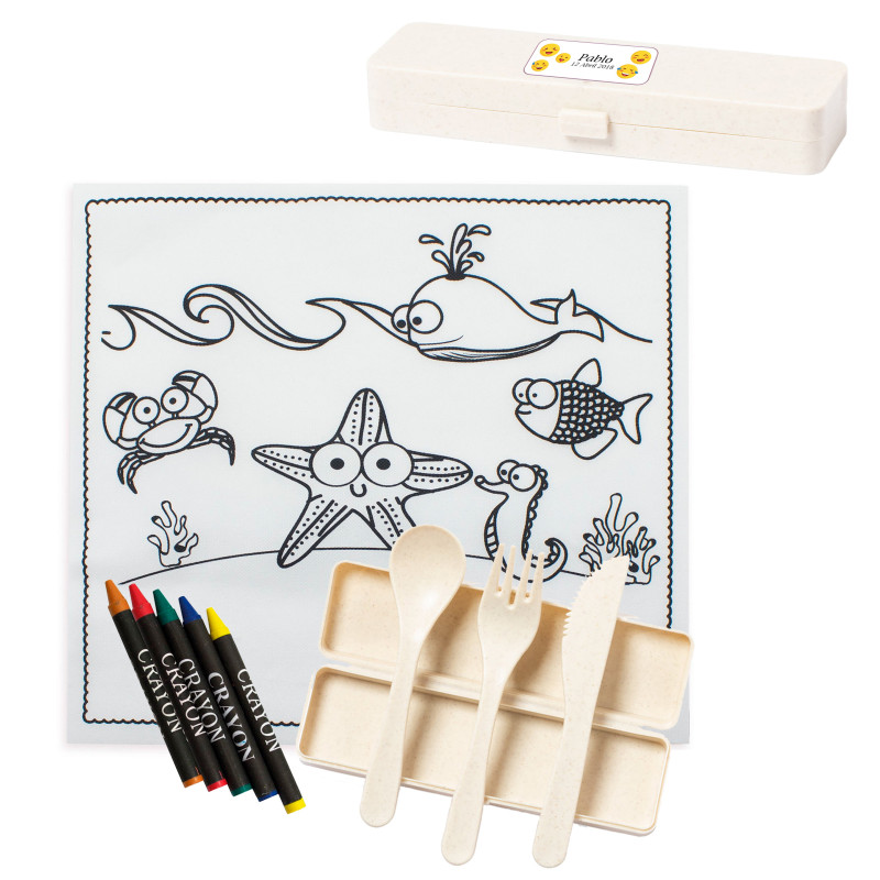 Toalha para colorir e talheres reutilizáveis personalizados para crianças