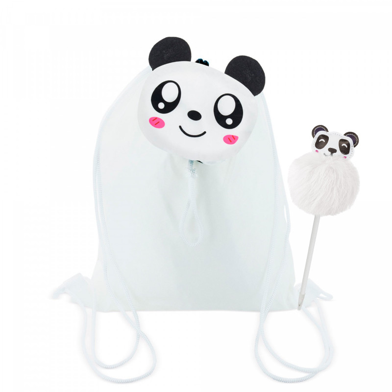 Mochila infantil dobrável com urso panda e caneta com pompom a condizer
