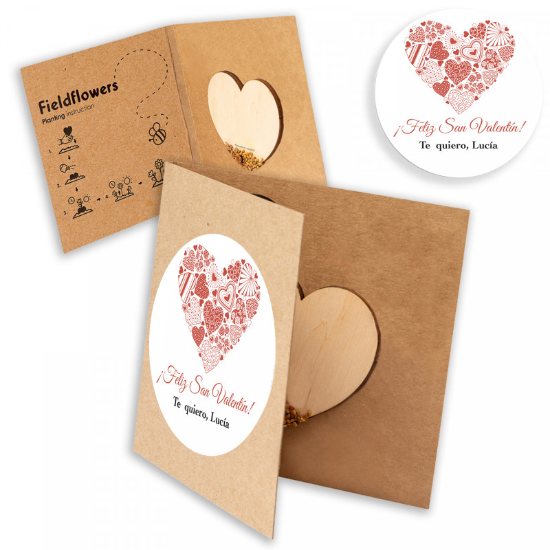 Coração de sementes de flores silvestres com adesivo romântico personalizado