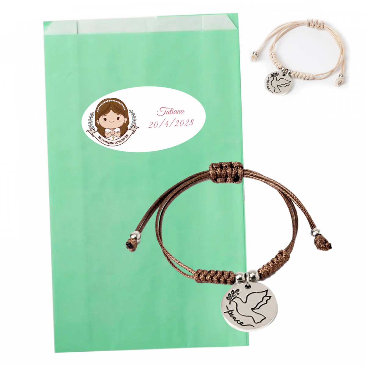Pulseira de comunhão pomba da paz em bolsa verde água com adesivo personalizável