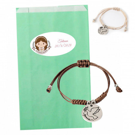 Pulseira de comunhão pomba da paz em bolsa verde água com adesivo personalizável