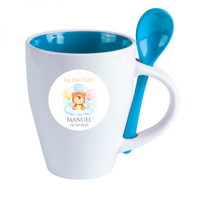 Caneca de cerâmica com colher azul personalizada com adesivo de bebê para Batizados