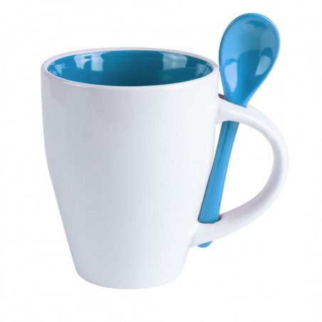 Caneca de cerâmica com colher azul personalizada com adesivo de bebê para Batizados