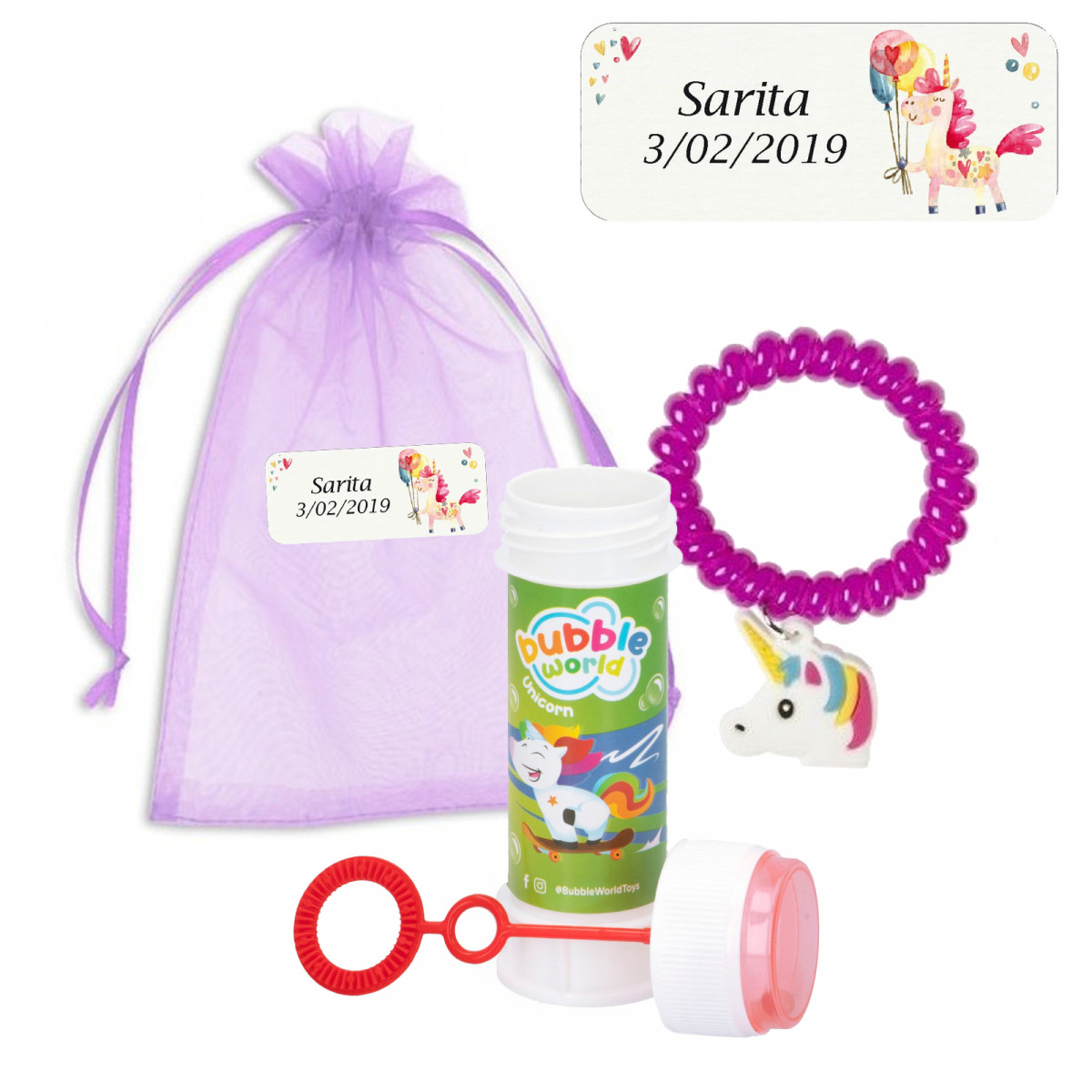 Pulseira de unicórnio e bolha em bolsa de organza roxa com etiqueta de unicórnio para convidados