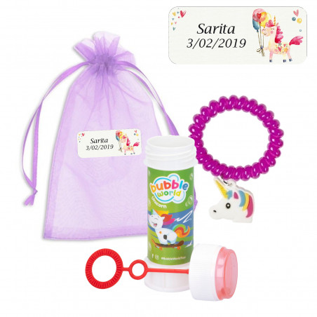 Pulseira de unicórnio e bolha em bolsa de organza roxa com etiqueta de unicórnio para convidados