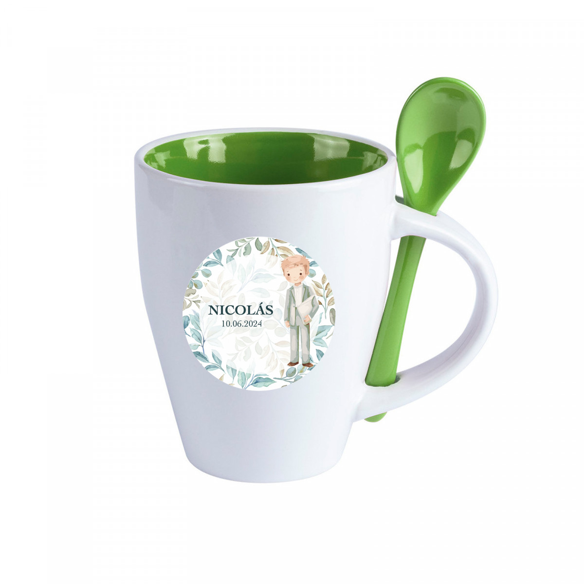 Caneca de cerâmica com colher verde personalizada e adesivo de criança de Comunhão