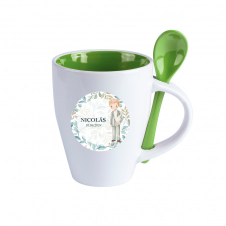 Copo de cerâmica com colher verde personalizado com autocolante Comunhão