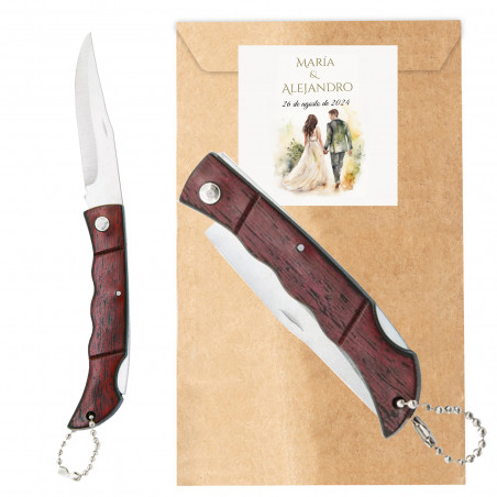 Navaja de madeira personalizada para casamentos, presente original com adesivo de fundo creme em bolsa kraft