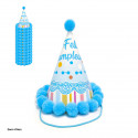 Chapéu de festa com pompons azuis e desenho de aniversário 16cm