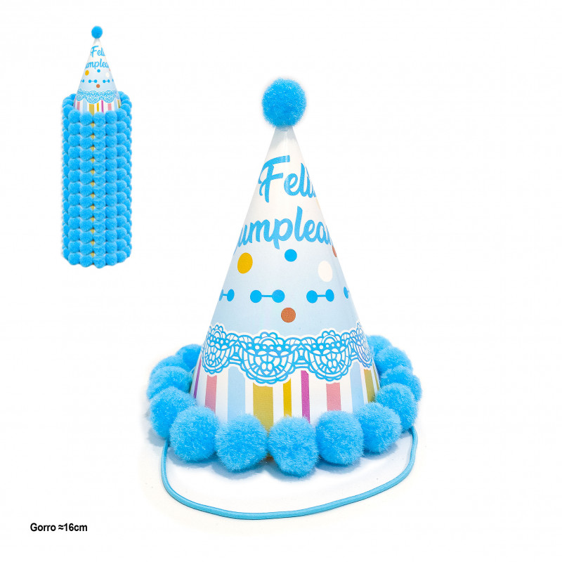 Chapéu de festa com pompons azuis e desenho de aniversário 16cm