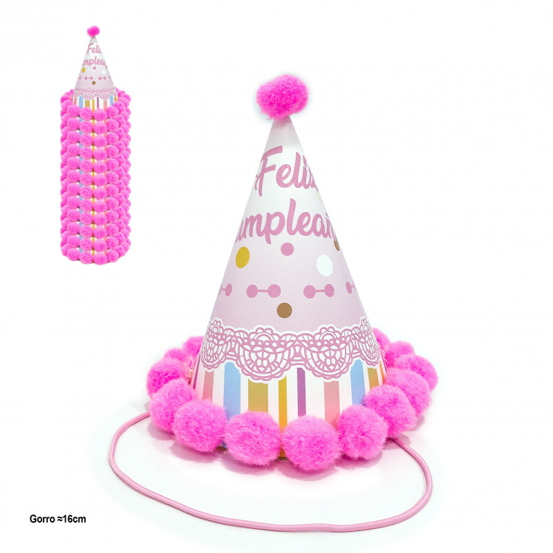 Chapéu de festa com pompons rosa e design de aniversário 16cm