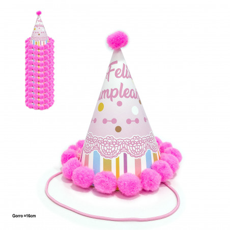 Chapéu de festa com pompons rosa e design de aniversário 16cm