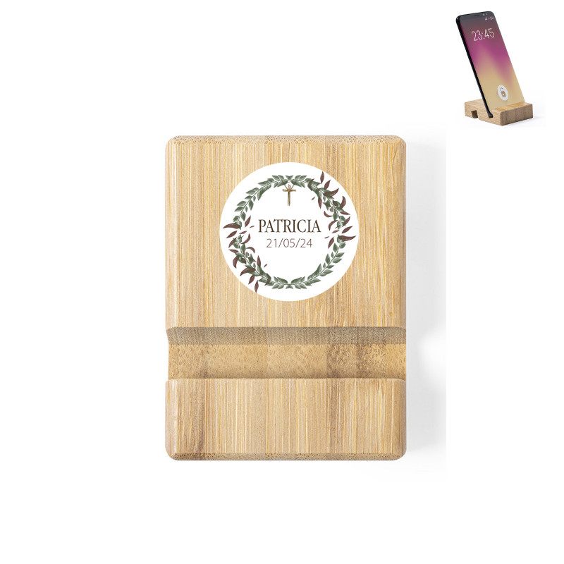 Suporte para celular de bambu personalizado para comunhão