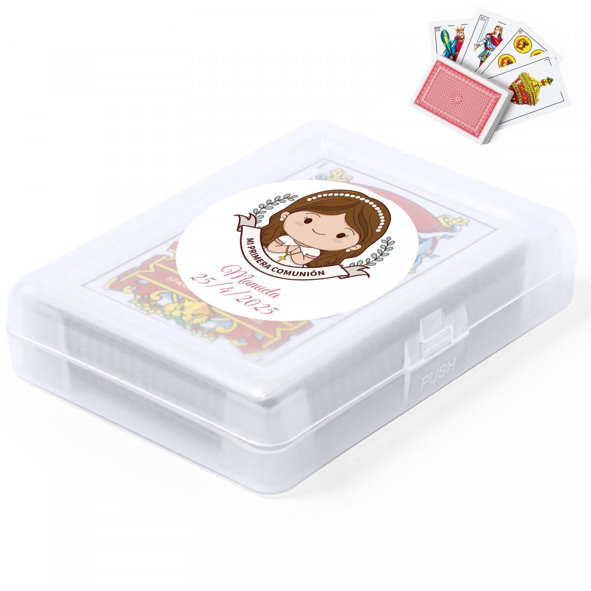 Baralho espanhol personalizado para primeira comunhão com adesivo personalizável