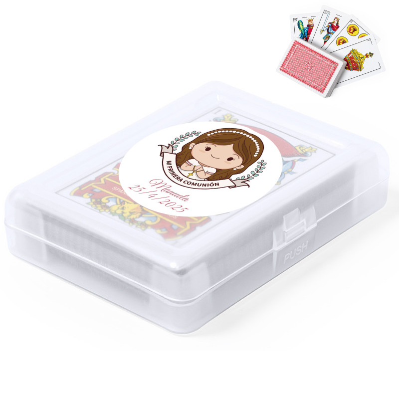 Baralho espanhol personalizado para primeira comunhão com adesivo personalizável