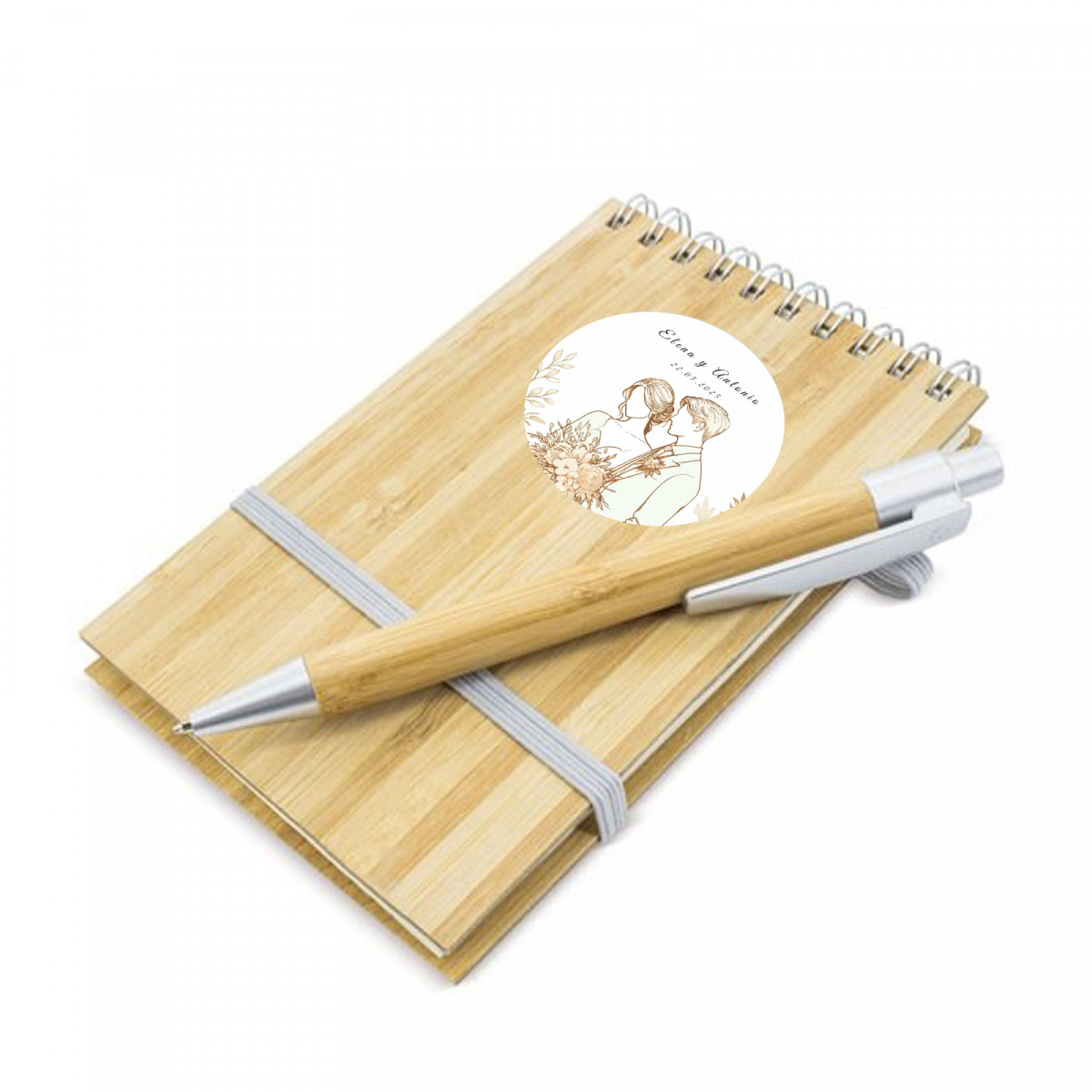 Caderno de bambu personalizado para casamento com caneta