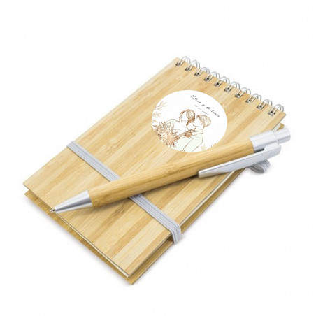 Caderno de bambu personalizado para casamento com caneta