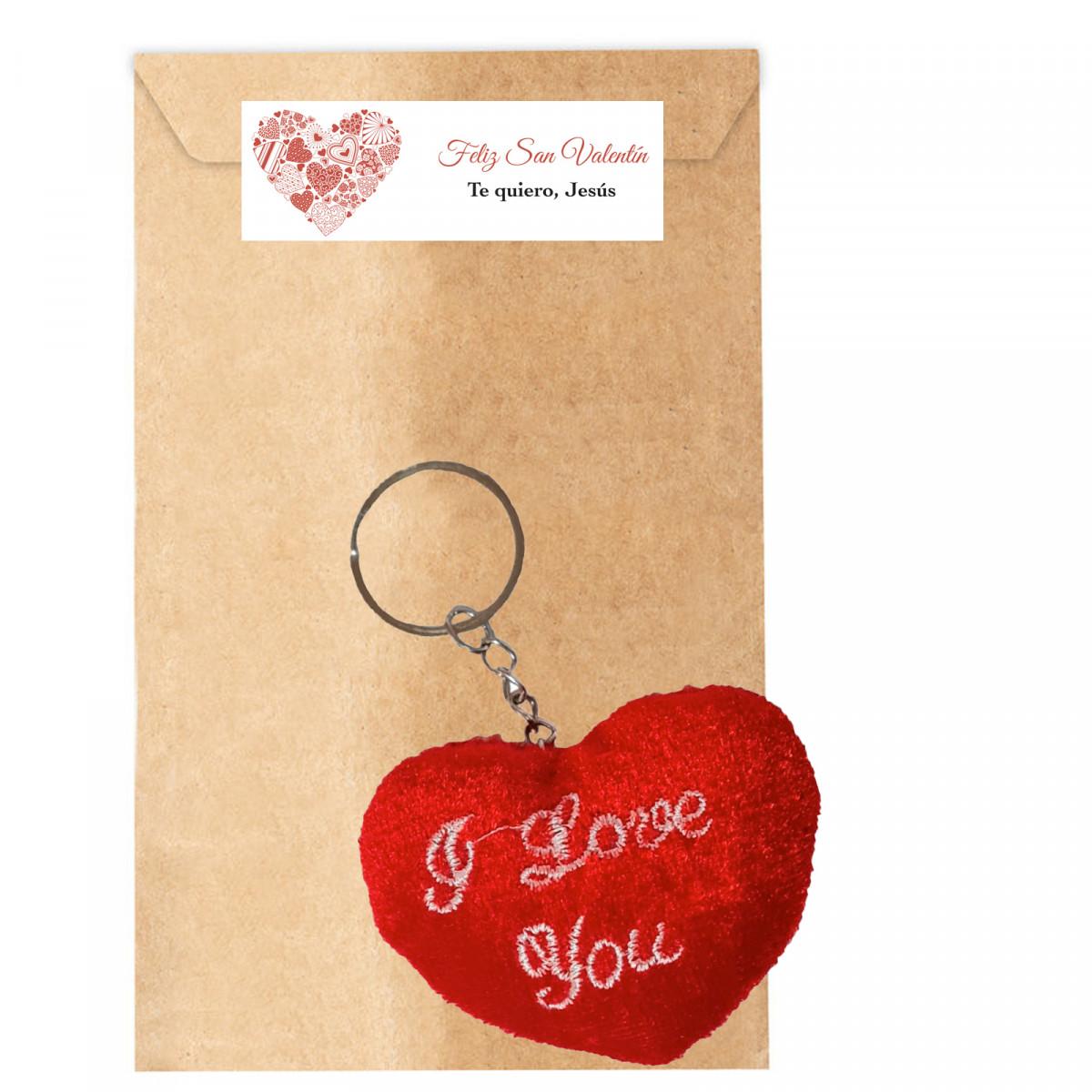 Chaveiro de coração vermelho com envelope kraft personalizado, detalhe romântico para o Dia dos Namorados