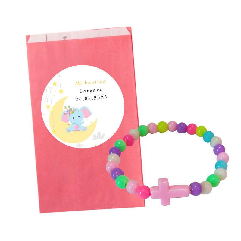 Pulseira de contas coloridas com cruz em envelope rosa com adesivo infantil personalizado