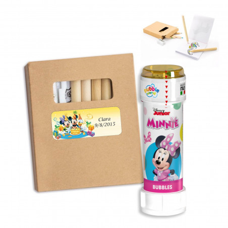 Conjunto para colorir com lápis e folhas com adesivo de aniversário e bolhas de Minnie para presentear