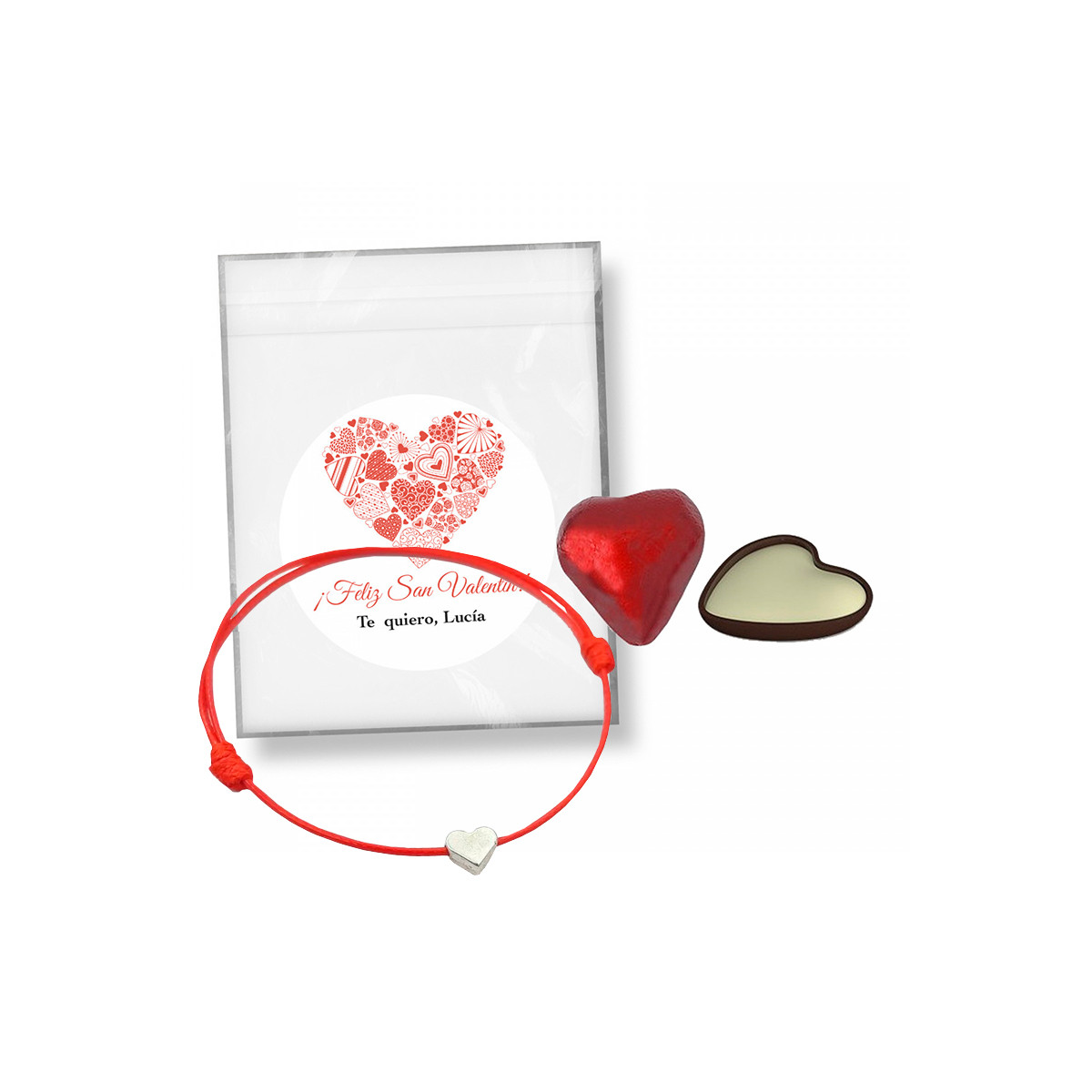 Pulseira de cordão com coração e bombons em bolsa com adesivo personalizado para presentear