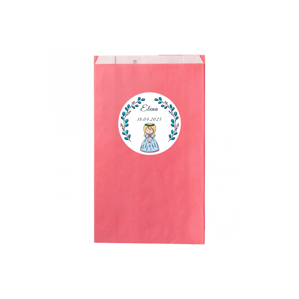 Bolsa kraft rosa personalizada com adesivo para primeira comunhão menina
