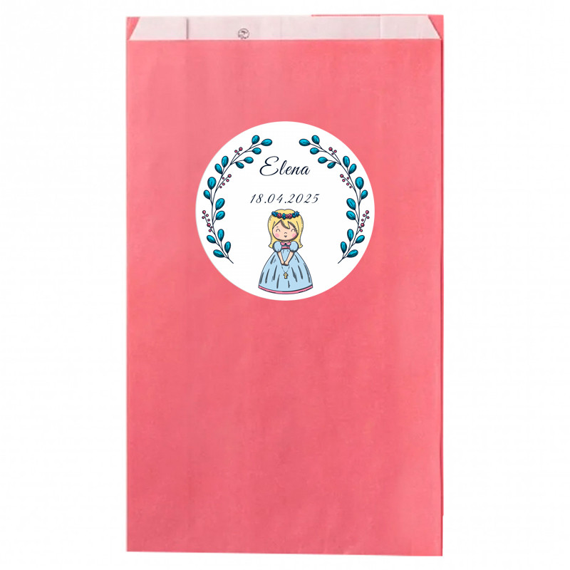 Bolsa kraft rosa personalizada com adesivo para primeira comunhão menina