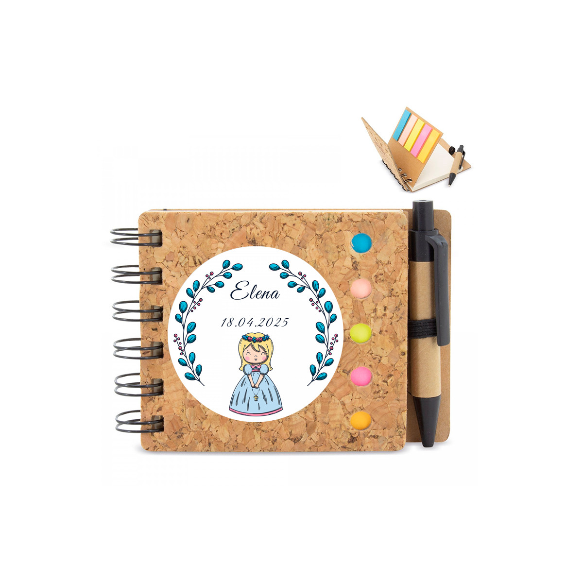 Caderno de cortiça ecológico personalizado com adesivo para detalhes de primeira comunhão para menina