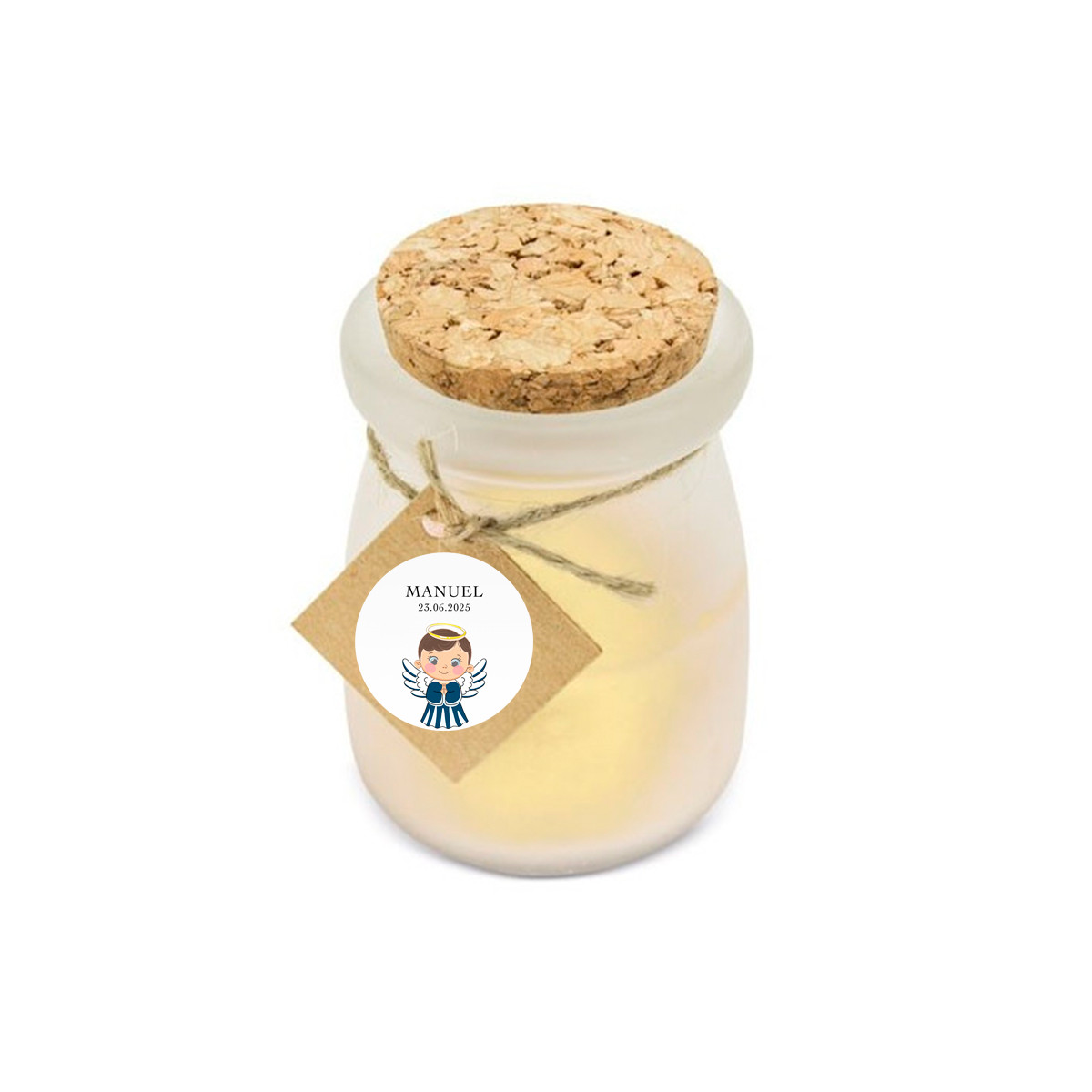 Vela aromática de baunilha com adesivo design anjo para detalhes batizado menino