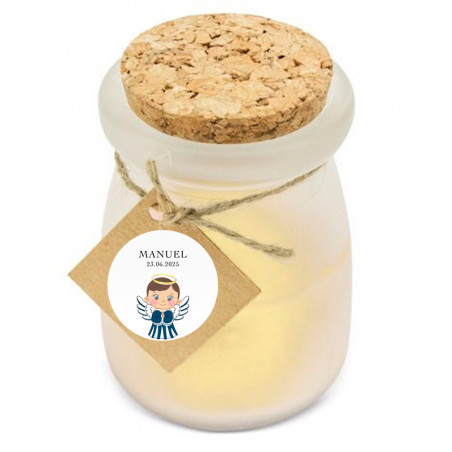 Vela aromática de baunilha com adesivo design anjo para detalhes batizado menino