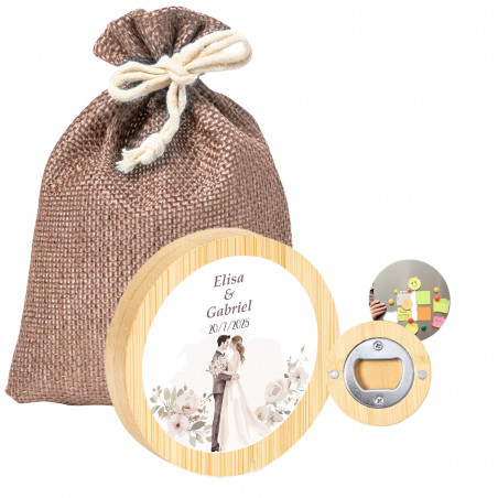 Abridor de garrafas magnético personalizado em bambu com bolsa de juta, detalhe original para casamentos