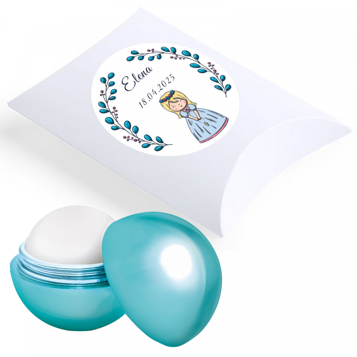 Bálsamo labial personalizado para primeira comunhão com estojo e adesivo decorativo