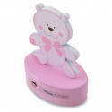 Caixinha de madeira em forma de urso rosa personalizada lembrança doce para batizado