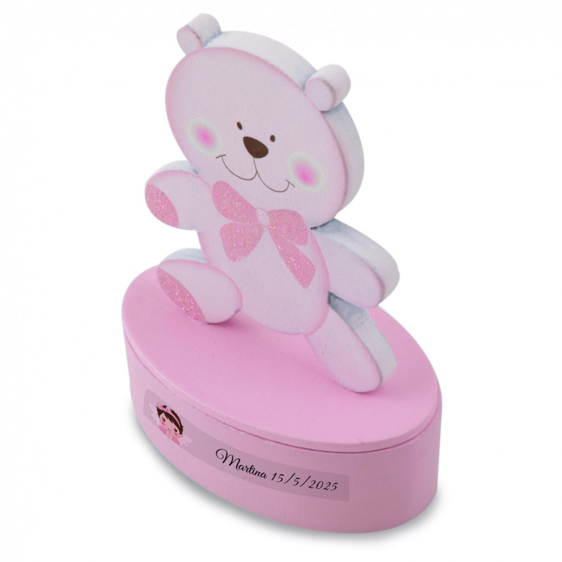 Caixinha de madeira em forma de urso rosa personalizada lembrança doce para batizado