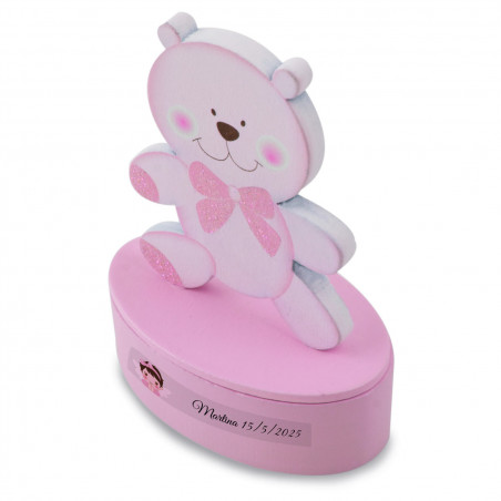 Caixinha de madeira em forma de urso rosa personalizada lembrança doce para batizado