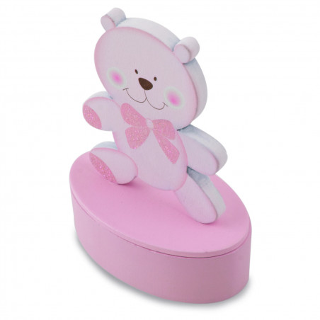 Caixinha de madeira em forma de urso rosa personalizada lembrança doce para batizado